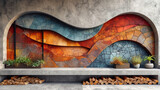 A concrete wall with mosaic inserts that create a visual effect of a stone puzzle