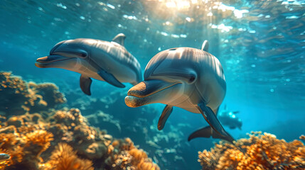 Wall Mural - A photophone of the underwater world, where playful dolphins pave the way through pure waters, cre