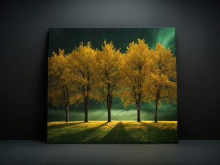 Wall Mural - Golden trees on green and black sky background. Modern canvas art design.