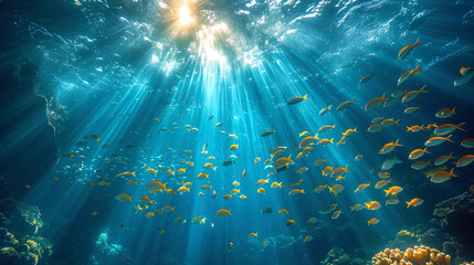 Wall Mural - A photophone of the underwater world, where the light penetrates through deep waters, creating the