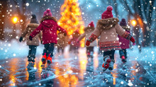 The Background With Children Skating On A Sled Around A Decorated Christmas Tree