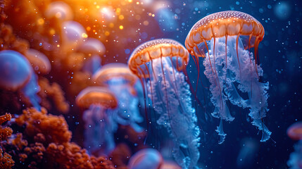 Wall Mural - The underwater world on a photophone with smooth movements of jellyfish and sparkling light rays,