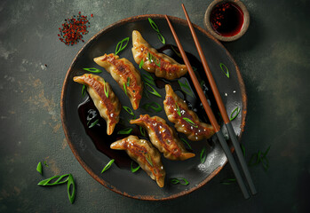 Wall Mural - Gyoza plate with green onions, soy sauce, and chopsticks on the side, isolated on a marle table, top view