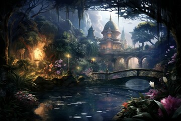 Poster - Tranquil moonlit gardens, blooming with exotic flowers and serenity under the moon's gentle gaze - Generative AI