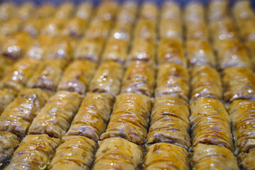 Baklava pastry drenched in flavored sugar syrup ready for serving at a sweet shop in Istanbul,Turkey