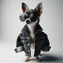 Sticker - a dog in a denim jacket and sunglasses
