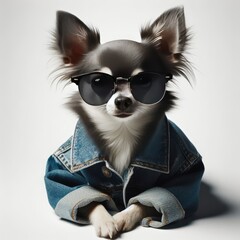 Sticker - a dog in a denim jacket and sunglasses
