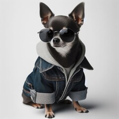 Sticker - a dog in a denim jacket and sunglasses
