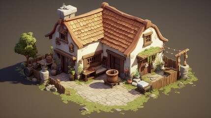 Wall Mural - A small white house with a brown roof