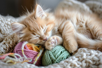 Wall Mural - Kitten sleeps resting its head on a ball of yarn