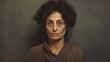 Photorealistic Old Persian Woman with Brown Curly Hair vintage Illustration. Portrait of a person in Great Depression era aesthetics. Historic movie style Ai Generated Horizontal Illustration.