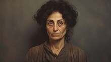 Photorealistic Old Persian Woman With Brown Curly Hair Vintage Illustration. Portrait Of A Person In Great Depression Era Aesthetics. Historic Movie Style Ai Generated Horizontal Illustration.