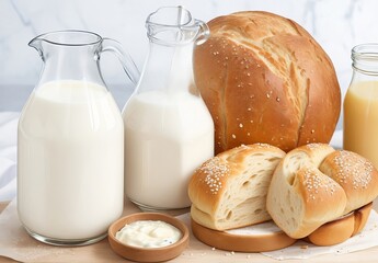 Bread and bagels with a jug of milk