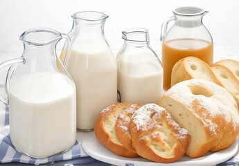 Wall Mural - Bread and bagels with a jug of milk