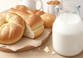 Wall Mural - Bread and bagels with a jug of milk