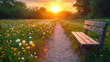 A wooden bench by a meandering path amid wildflowers, under a radiant sunset.