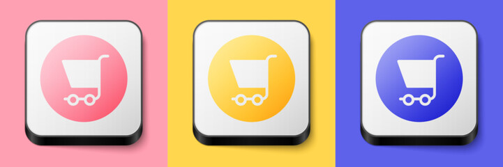 Wall Mural - Isometric Shopping cart icon isolated on pink, yellow and blue background. Online buying concept. Delivery service sign. Supermarket basket symbol. Square button. Vector