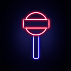 Poster - Glowing neon line Lollipop icon isolated on brick wall background. Food, delicious symbol. Colorful outline concept. Vector