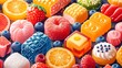 Assorted colorful fruit candies and berries. Eastern sweets. Concept of confectionery variety, fruity sweets, and dessert indulgence.