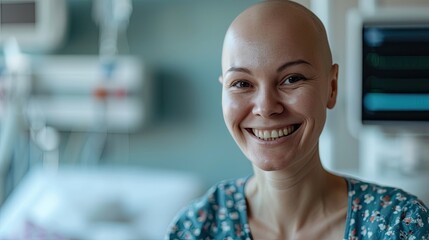 Wall Mural - Portrait of happy breast cancer patient. Smiling bald woman after chemotherapy treatment in hospital room