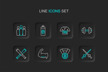 Poster - Set line Fencing, Medal, Bodybuilder showing his muscles, Crossed baseball bat, Dumbbell, Kimono, Fitness shaker and Bowling pin icon. Vector