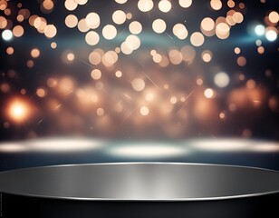 round metal product display dais platform with bokeh lights in background