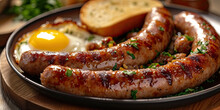 English Breakfast With Sausages, Fried Eggs Sprinkled With Herbs And Toast. Close-up, Side View. Light English Breakfast.