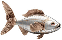 Robotic Fish In Silver And Bronze, On White Isolated Background