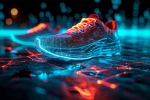 Holographic Projection Of Sports Sneakers With Neon Lighting On Navy Blue Background. Flickering Flux Of Particle Energy. Scientific Design And Engineering Of Sports Shoes.