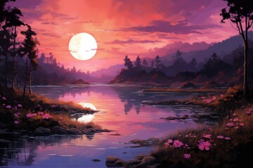 Wall Mural - Serene twilight lakes - Generative AI