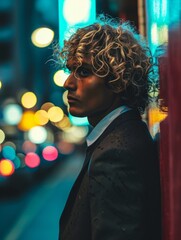 Adult Indian Man with Blond Curly Hair vintage photo. Portrait of a person in 1980s aesthetics. Punk fashion. Historic photo Ai Generated Photorealistic Vertical Image.