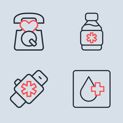 Canvas Print - Set line Bottle of medicine syrup, Smart watch with heart, Blood test and Emergency call 911 icon. Vector