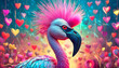 Punk rock flamingo with a mohawk, valentine hearts