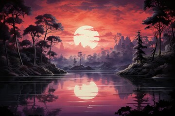 Wall Mural - Serene twilight lakes - Generative AI