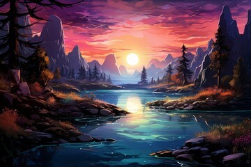 Wall Mural - Serene twilight lakes - Generative AI