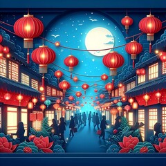 Wall Mural - chinese new year lanterns, Red Lantern Glowing on a Bustling Night Market Street Vector Design Illustration for Background design with space for copy Chinese new year festival generative ai	