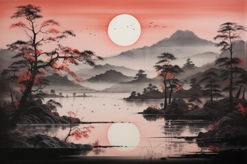 Wall Mural - Serene twilight lakes - Generative AI