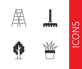 Canvas Print - Set Plant in pot, Wooden staircase, Tree and Garden rake icon. Vector