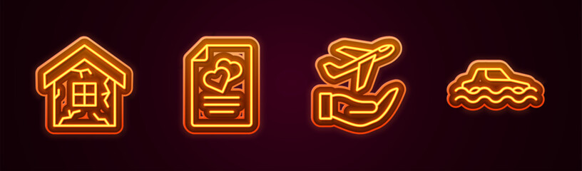 Canvas Print - Set line House, Marriage contract, Plane in hand and Flood car. Glowing neon icon. Vector