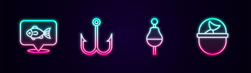 Poster - Set line Location fishing, Fishing hook, float and bucket with. Glowing neon icon. Vector