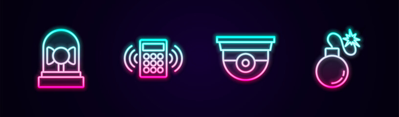 Sticker - Set line Ringing alarm bell, Security keypad access panel, camera and Bomb. Glowing neon icon. Vector