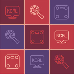 Poster - Set line Kcal, Bathroom scales and GMO icon. Vector