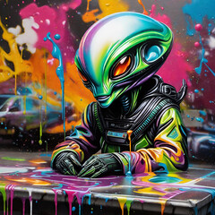 Colorful Alien Martian man in spacesuit with cars in the background for splash art