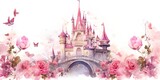 Pink roses, various flowers, leaves, and buttons decorate the pink princess palace in a watercolor fantasy