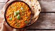 Indian popular food Dal Tadka Curry served with roti flatbread close-up on the table. horizontal top view from above