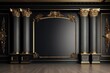 This mock-up featuring a black wall, gold details, and columns provides a lavish background for upscale designs.