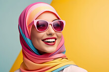 Modern Colorful Stylish Outfit Of A Muslim Hijab Woman In Dynamic Shot Happy And Positive For Modest Trendy Arab Women Fashion With Copysapce Area - Generative AI 