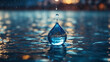 Shiny raindrop on abstract blue water, Ai photos