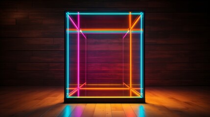 Glowing glass box filled with iridescent neon light standing in dark mysterious room lit by dim lights. Abstract illuminated cube with bright electronic colorful lights. 3D rendering.