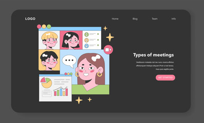 Wall Mural - Virtual meeting interface showcasing diverse team members with colorful avatars, alongside a data-driven presentation. Interaction and communication are at the forefront. Flat vector illustration